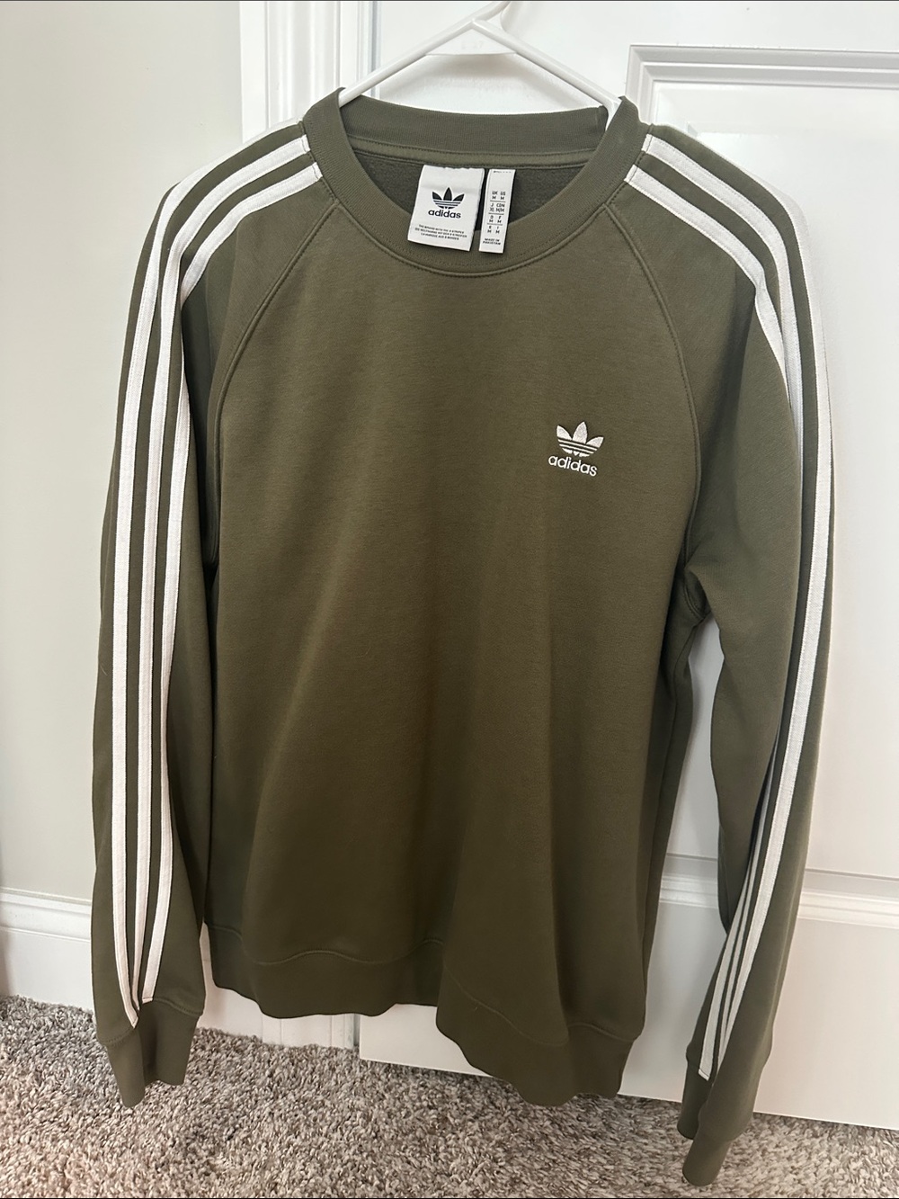 adidas Olive Green Crewneck Sweatshirt with White Stripes